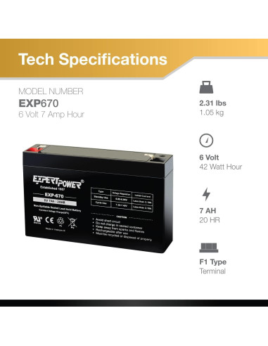 Batería de Plomo Sellada ExpertPower 6V 7AH Terminal F1