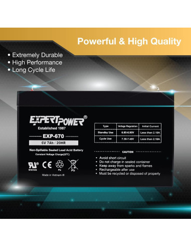 Batería de Plomo Sellada ExpertPower 6V 7AH Terminal F1