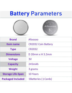 Baterías de Litio Afoosoo CR2032 3V - Paquete de 5 Unidades 2