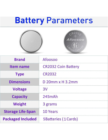 Baterías de Litio Afoosoo CR2032 3V - Paquete de 5 Unidades