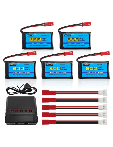 5 Baterías Lipo 3.7V 800mAh 30C + Cargador 5-en-1 JST