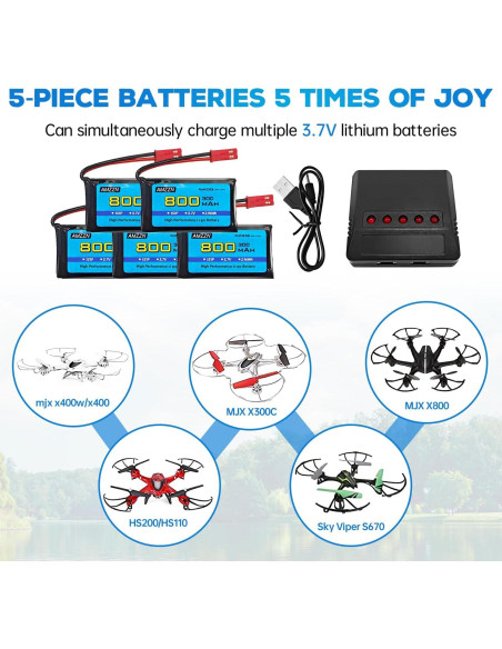 5 Baterías Lipo 3.7V 800mAh 30C + Cargador 5-en-1 JST