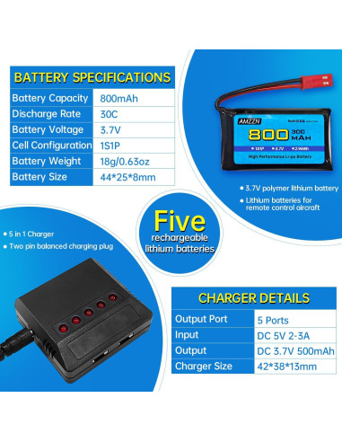 5 Baterías Lipo 3.7V 800mAh 30C + Cargador 5-en-1 JST