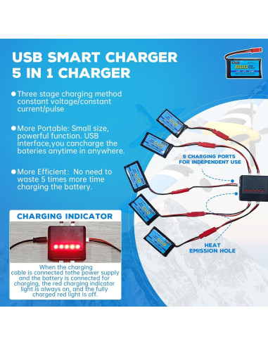 5 Baterías Lipo 3.7V 800mAh 30C + Cargador 5-en-1 JST