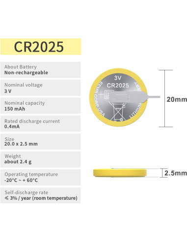 Paquete de 10 Baterías de Litio CR2025 3V EEMB con Pestañas