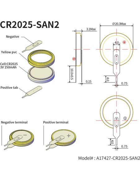 Paquete de 10 Baterías de Litio CR2025 3V EEMB con Pestañas