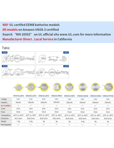 Paquete de 10 Baterías de Litio CR2025 3V EEMB con Pestañas