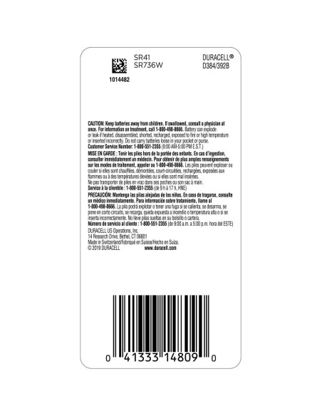 Batería de botón Duracell 384/392 óxido de plata 1.5V