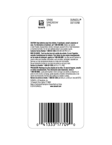 Baterías de botón Duracell 376/377, 2 unidades, larga duración