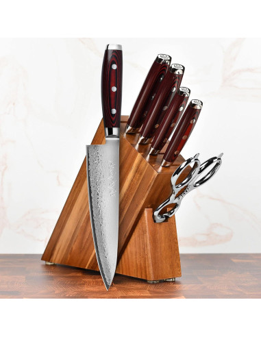 Conjunto de Cuchillos Yaxell Super Gou 7 Piezas Acero Damasco