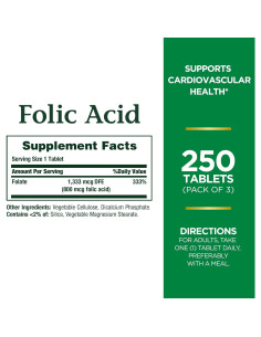 Suplemento Ácido Fólico Nature's Bounty 800mcg 250 Tabletas 2