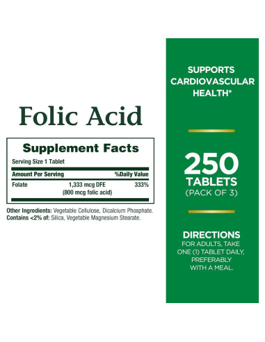 Suplemento Ácido Fólico Nature's Bounty 800mcg 250 Tabletas