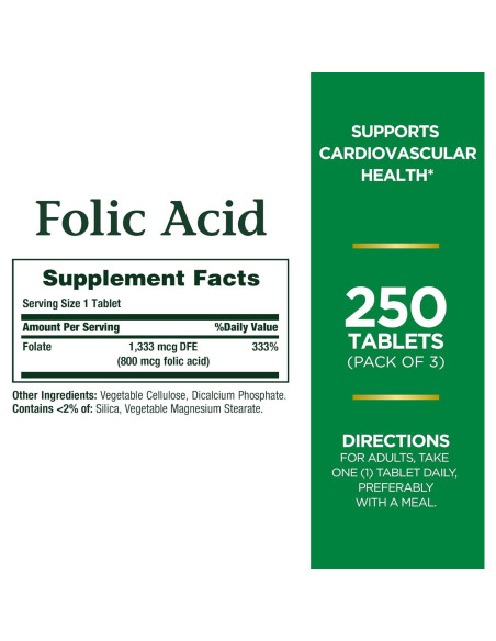 Suplemento Ácido Fólico Nature's Bounty 800mcg 250 Tabletas