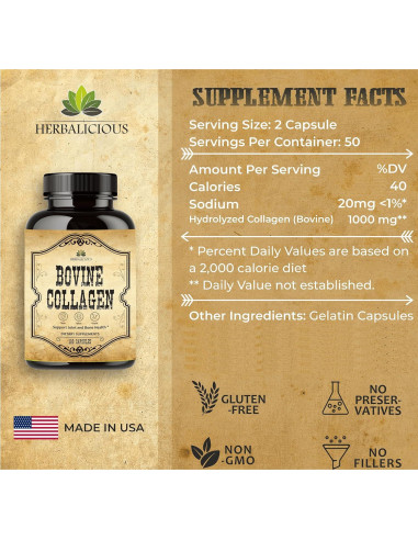 Colágeno Bovino HERBALICIOUS 100 Cápsulas - Soporte Articular