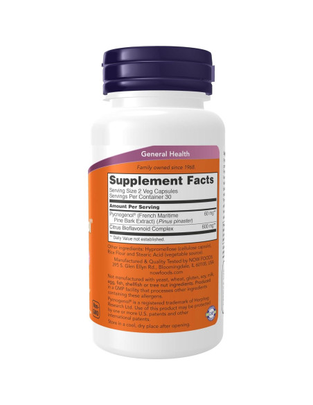 NOW Foods Suplemento Pycnogenol 30 mg 60 Cápsulas Vegetales