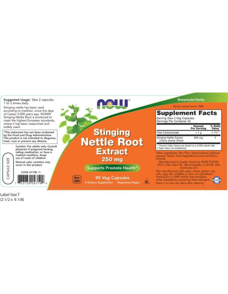 Extracto de Raíz de Ortiga NOW 250mg 90 Cápsulas Veganas