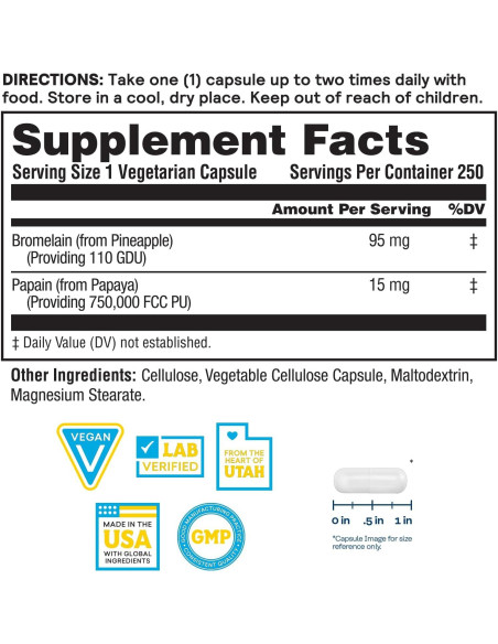 Bromelina y Papaína Vida Natural - Enzimas Digestivas 250 Cápsulas