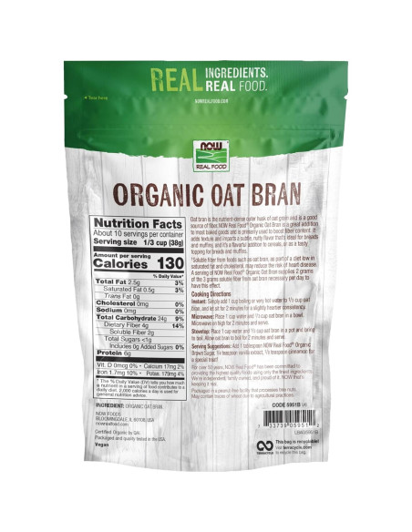 Salvado de Avena Orgánico NOW Foods 396g - Fuente de Fibra y Proteína