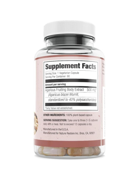 Suplemento de Hongo Agaricus Blazei Nature Restore 90 Cápsulas 500mg