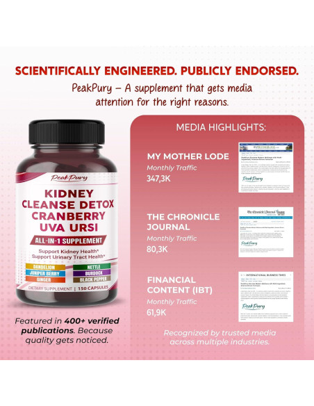 Suplemento Detox de Riñones PeakPury 150 Cápsulas - Arándano, Uva Ursi, Diente de León