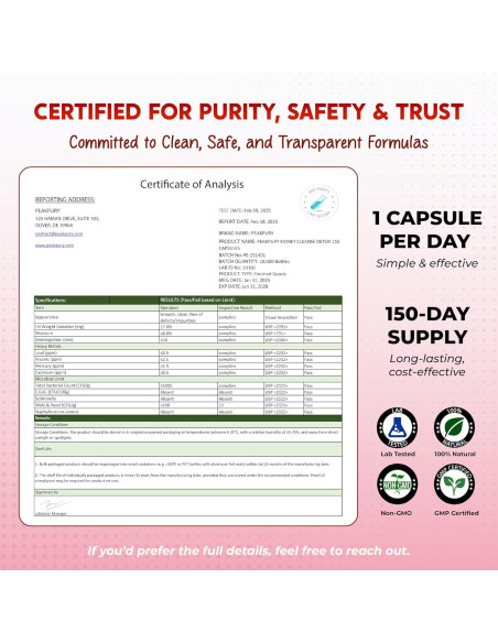 Suplemento Detox de Riñones PeakPury 150 Cápsulas - Arándano, Uva Ursi, Diente de León