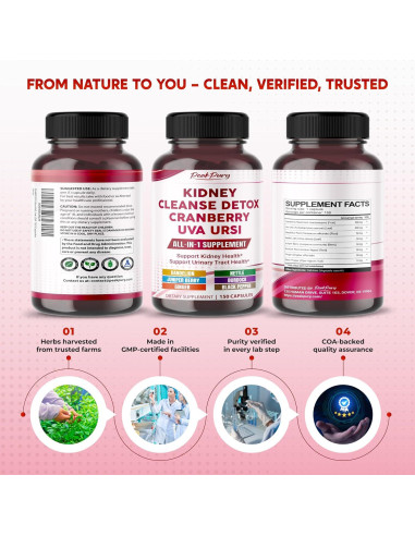 Suplemento Detox de Riñones PeakPury 150 Cápsulas - Arándano, Uva Ursi, Diente de León