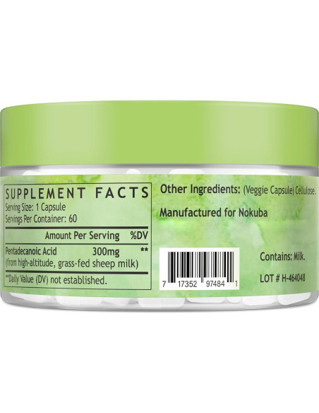 Ácido Pentadecanoico Nokuba 300mg 120 Cápsulas Leche Oveja