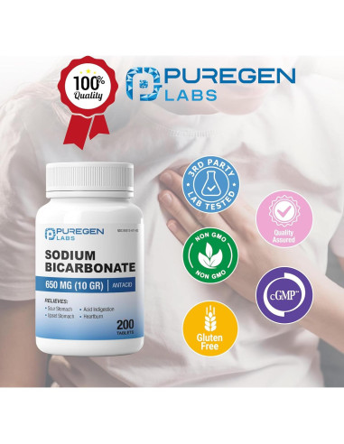 Tabletas de Bicarbonato de Sodio Puregen Labs 650mg - 200 Unidades