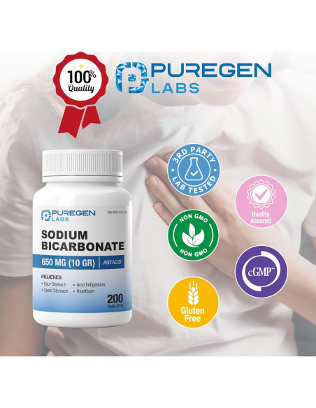 Tabletas de Bicarbonato de Sodio Puregen Labs 650mg - 200 Unidades