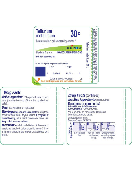 Boiron Tellurium Metallicum 30C - Alivio Dolor Espalda Baja 80 Gránulos