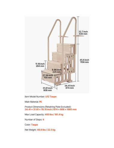 Escalera de piscina VEVOR 4 peldaños antideslizante taupe