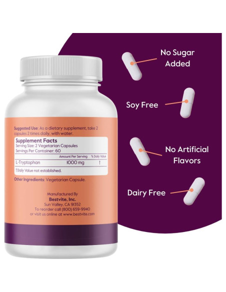 Suplemento L-Triptófano 500mg Bestvite - 240 Cápsulas Veganas
