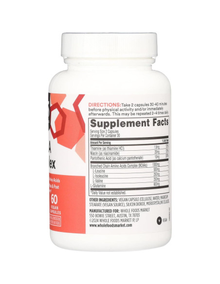 Suplemento BCAA Whole Foods Market 60 Cápsulas Veganas