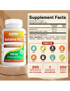 Betaína HCL 648 mg Mejores Naturales 250 Cápsulas 2