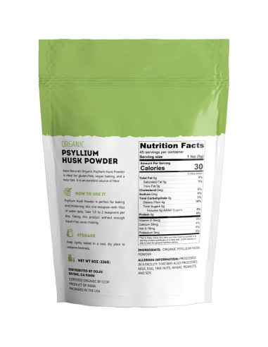 Polvo de Cáscara de Psyllium Orgánico Kate Naturals 227g
