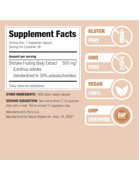 Suplemento Shiitake Nature Restore 90 Cápsulas 500mg 30% Polisacáridos