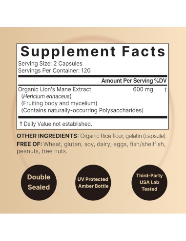 Suplemento de Hongos Melena de León NatureBell 240 Cápsulas