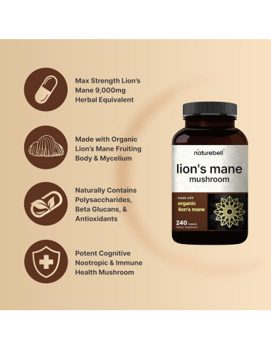 Suplemento de Hongos Melena de León NatureBell 240 Cápsulas