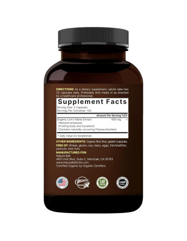 Suplemento de Hongos Melena de León NatureBell 240 Cápsulas