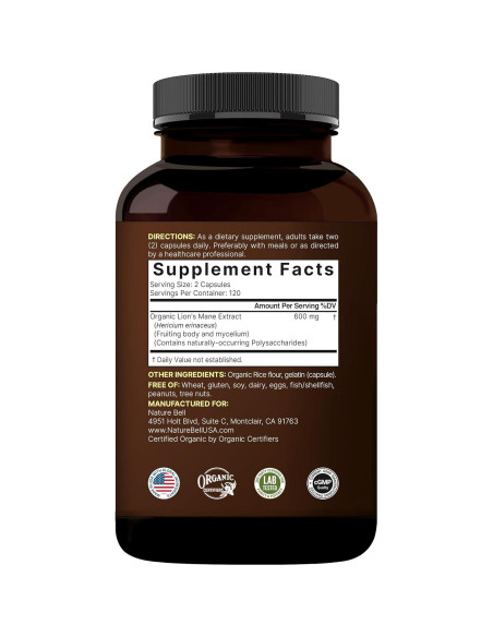 Suplemento de Hongos Melena de León NatureBell 240 Cápsulas