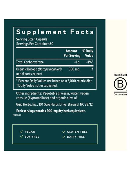Suplemento Herbal Gaia Herbs Bacopa 60 Cápsulas Veganas
