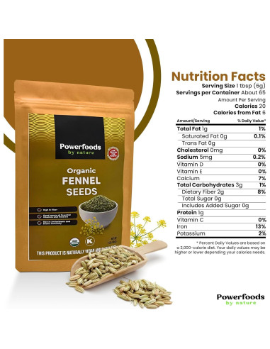 Semillas de Hinojo Orgánicas Powerfoods 0.45 kg - Sin Aditivos