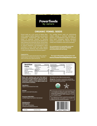 Semillas de Hinojo Orgánicas Powerfoods 0.45 kg - Sin Aditivos