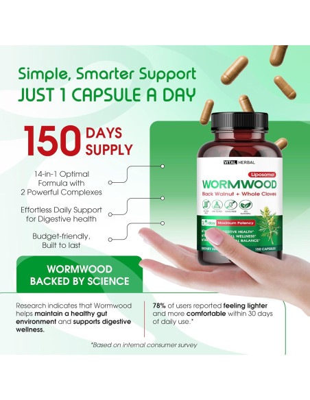 Cápsulas Digestivas Vital Herbal Ajenjo 150 Unidades - Salud Digestiva