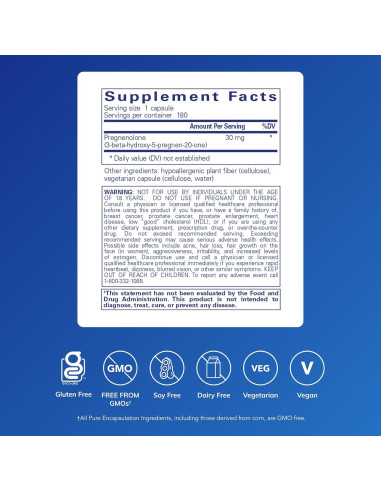 Suplemento Hormonal Pregnenolona 30 mg Pure Encapsulations - 180 Cápsulas Veganas