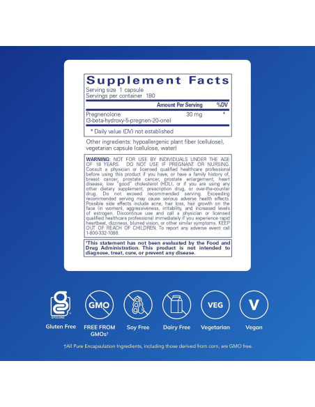 Suplemento Hormonal Pregnenolona 30 mg Pure Encapsulations - 180 Cápsulas Veganas