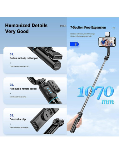 Bastón de Selfie Extensible MQOUNY con Luz y Trípode Blanco