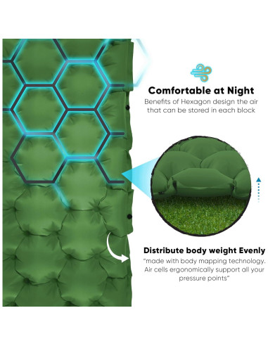Colchón Inflable Doble POWERLIX con Almohada Verde 9 cm
