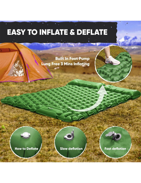 Colchón Inflable Doble POWERLIX con Almohada Verde 9 cm
