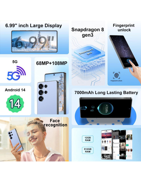 I25 Ultra Teléfono Android PYUNZGO 12GB RAM 512GB Azul Titanio